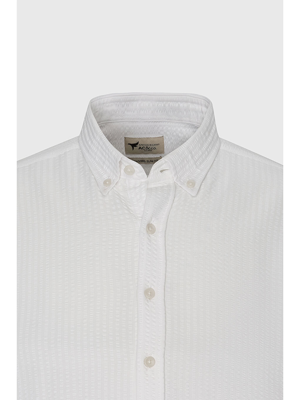 Erkek Beyaz Pamuklu Dar Kesim Düğmeli Yaka Gofre Desenli Gömlek-7