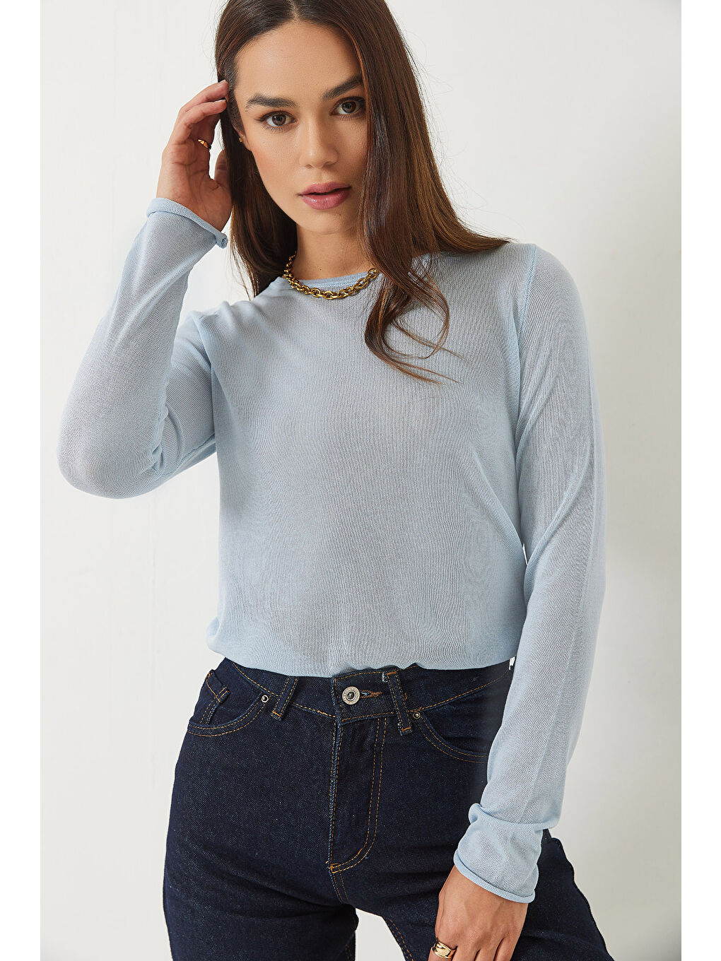 Mavi Kadın Bisiklet Yaka Transparan Basic Bluz TK