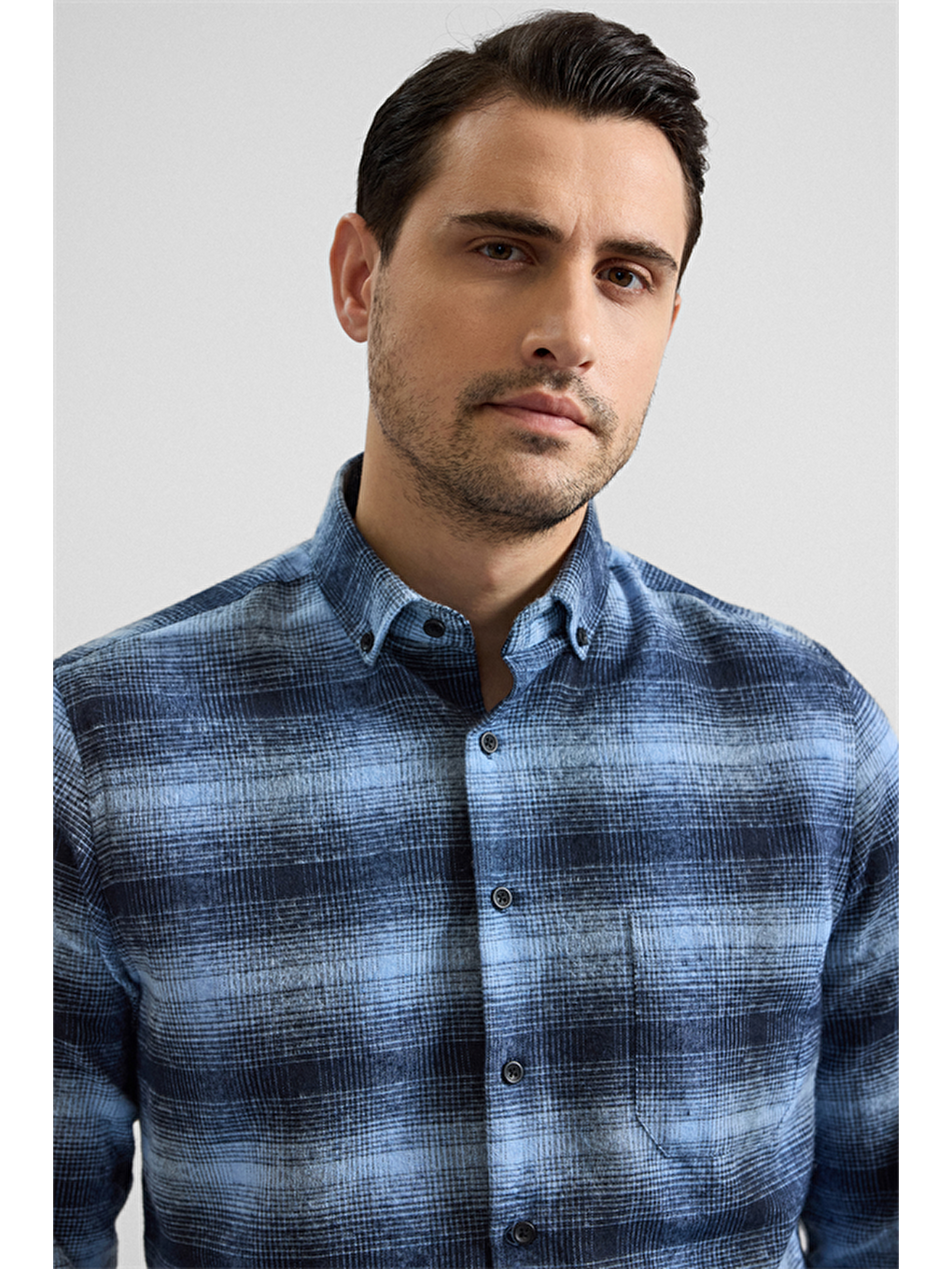 Lacivert Regular Düğmeli Yaka Kareli Casual Gömlek-1