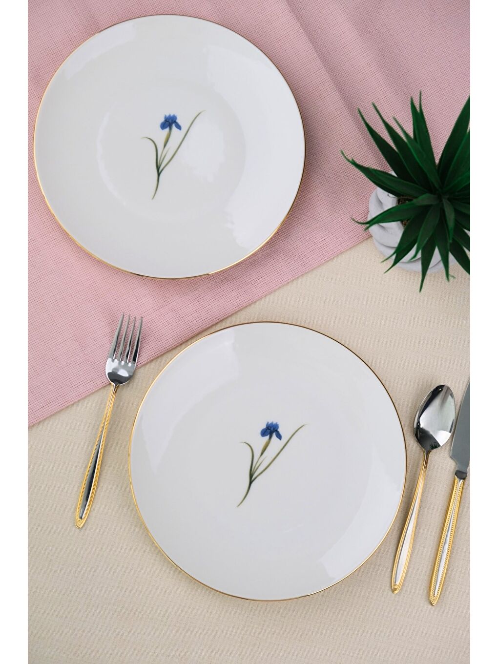 Beyaz Porselen Natura İris Altın Yaldız Pasta Tabağı 20,50cm 2 li-1