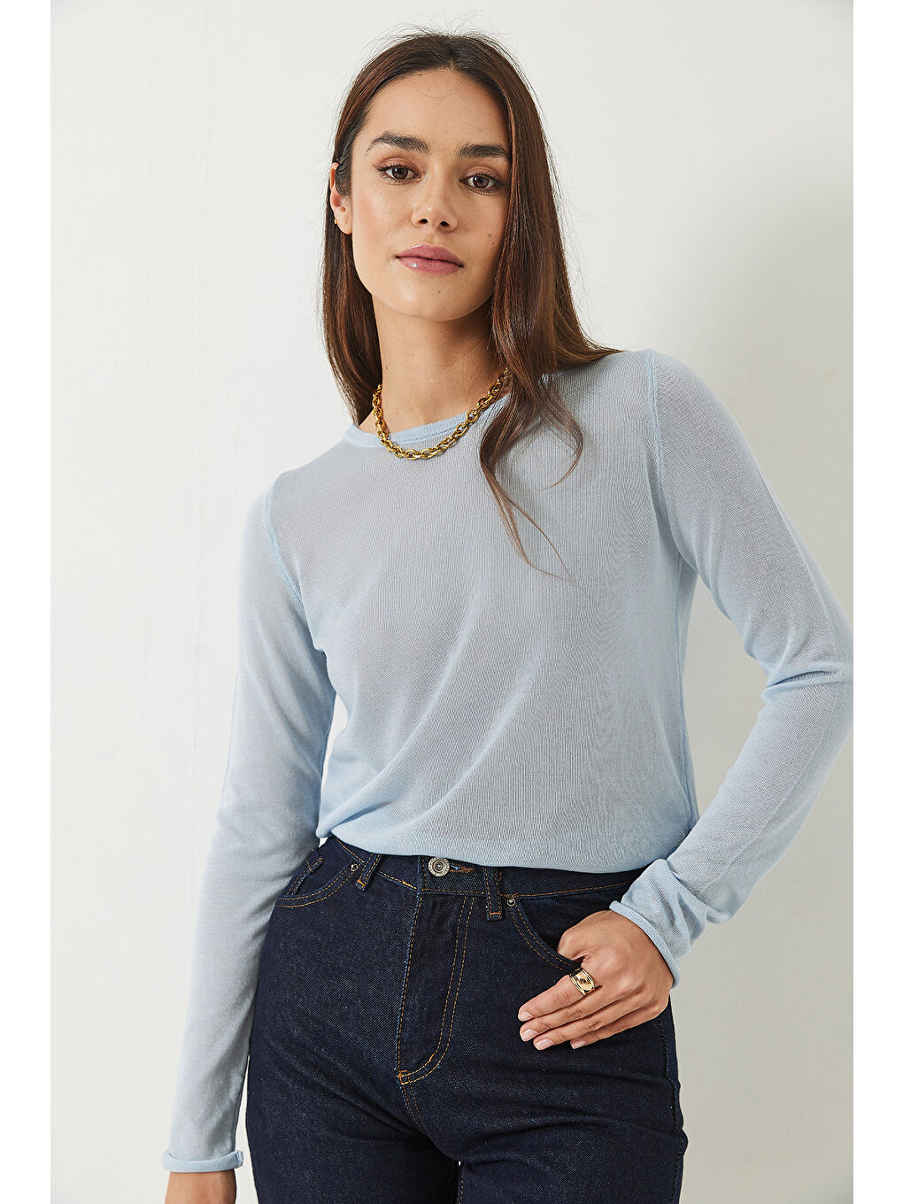 Mavi Kadın Bisiklet Yaka Transparan Basic Bluz TK-1