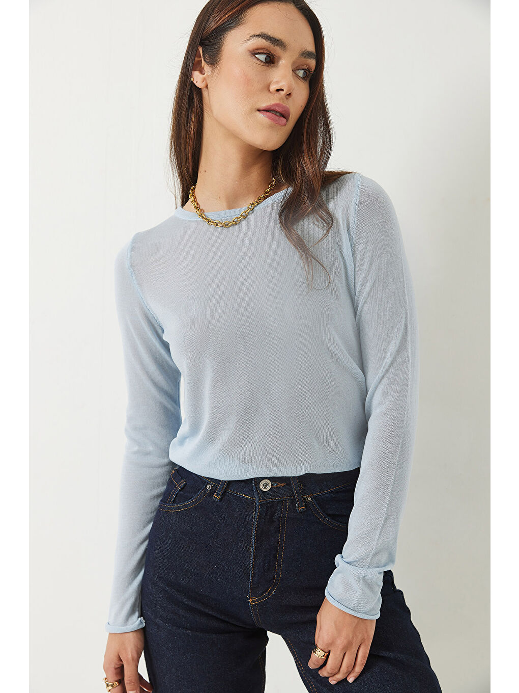 Mavi Kadın Bisiklet Yaka Transparan Basic Bluz TK-2