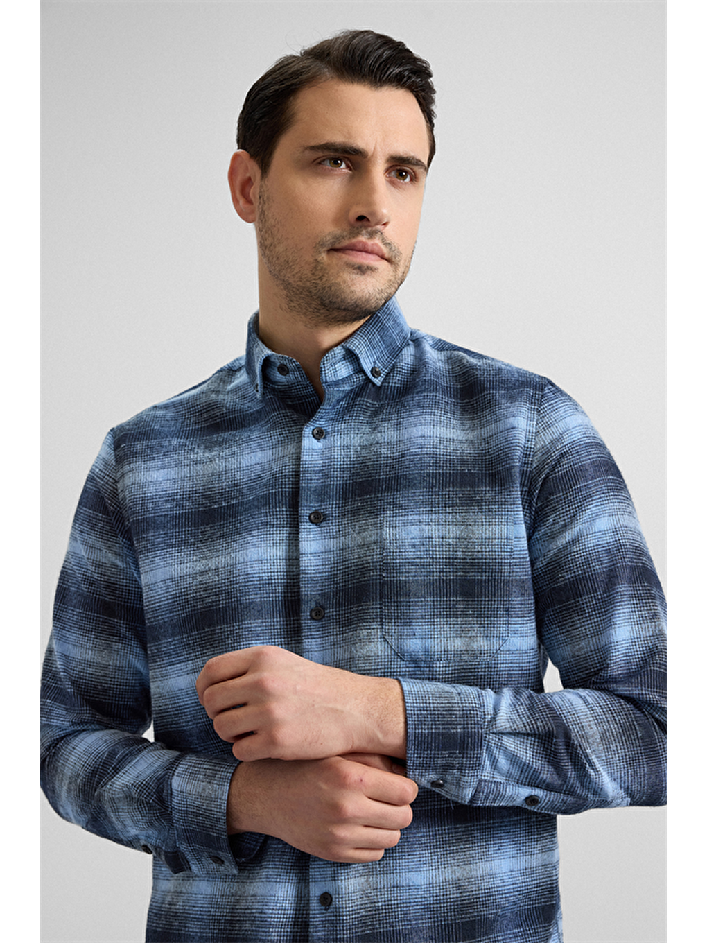 Lacivert Regular Düğmeli Yaka Kareli Casual Gömlek-2