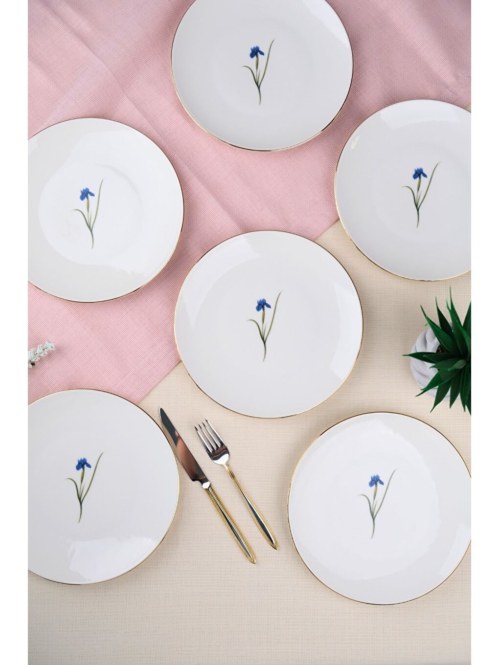 Beyaz Porselen Natura İris Altın Yaldız Pasta Tabağı 20,50cm 6 lı-3