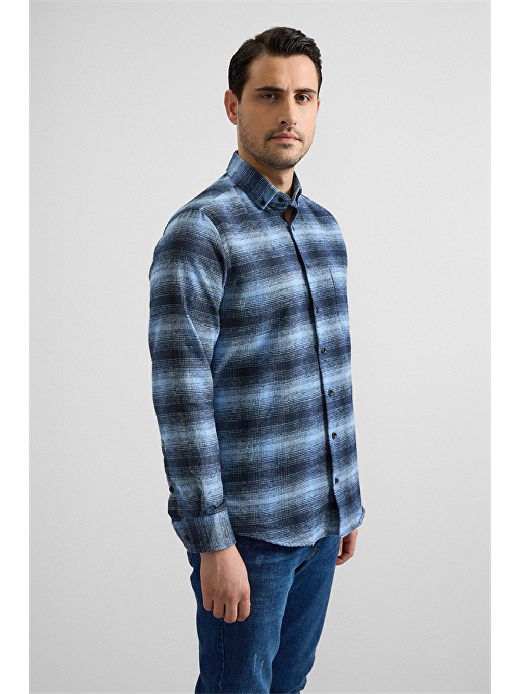 Lacivert Regular Düğmeli Yaka Kareli Casual Gömlek-4