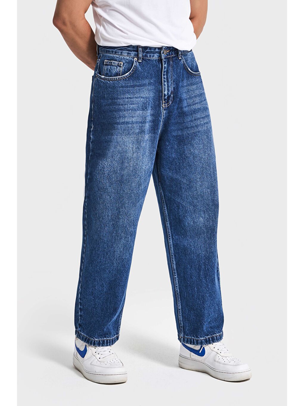 Erkek Koyu Mavi Renk 3w5-5 Loose Baggy Fit Bol Kesim Cep Nakış Detaylı Denim Jean
