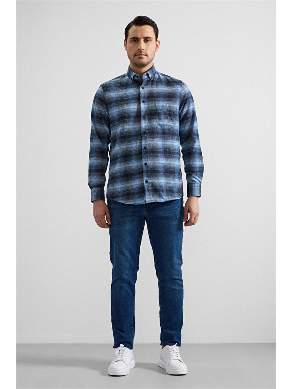 Lacivert Regular Düğmeli Yaka Kareli Casual Gömlek-5