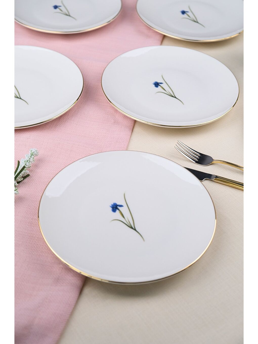 Beyaz Porselen Natura İris Altın Yaldız Pasta Tabağı 20,50cm 6 lı-4