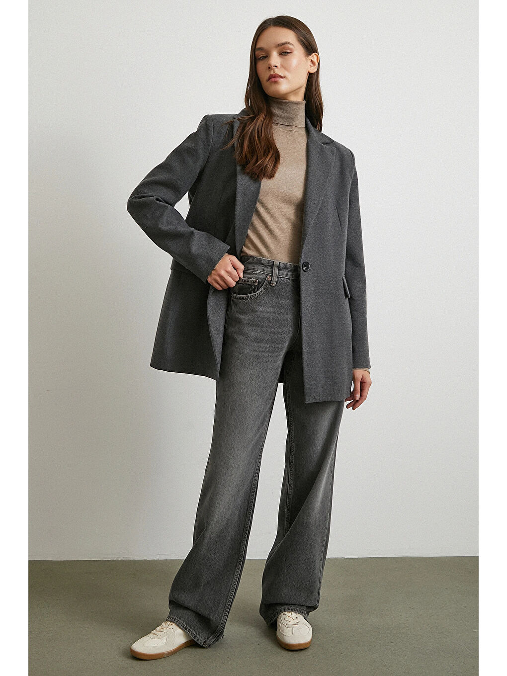 Beş Cepli Yüksek Bel Jean Gri