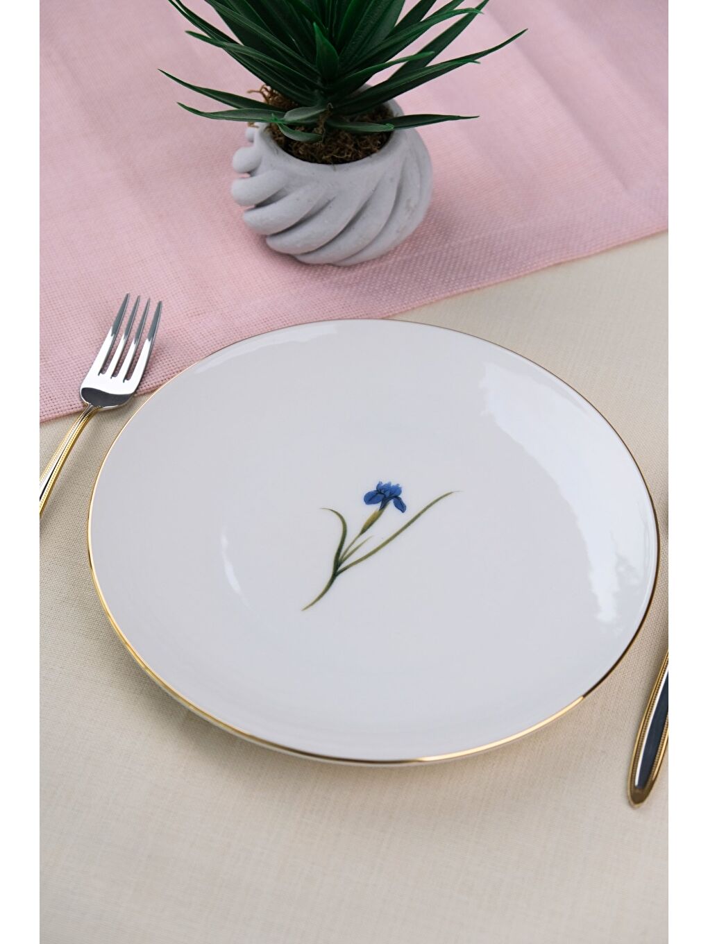 Beyaz Porselen Natura İris Altın Yaldız Pasta Tabağı 20,50cm Tekli-2