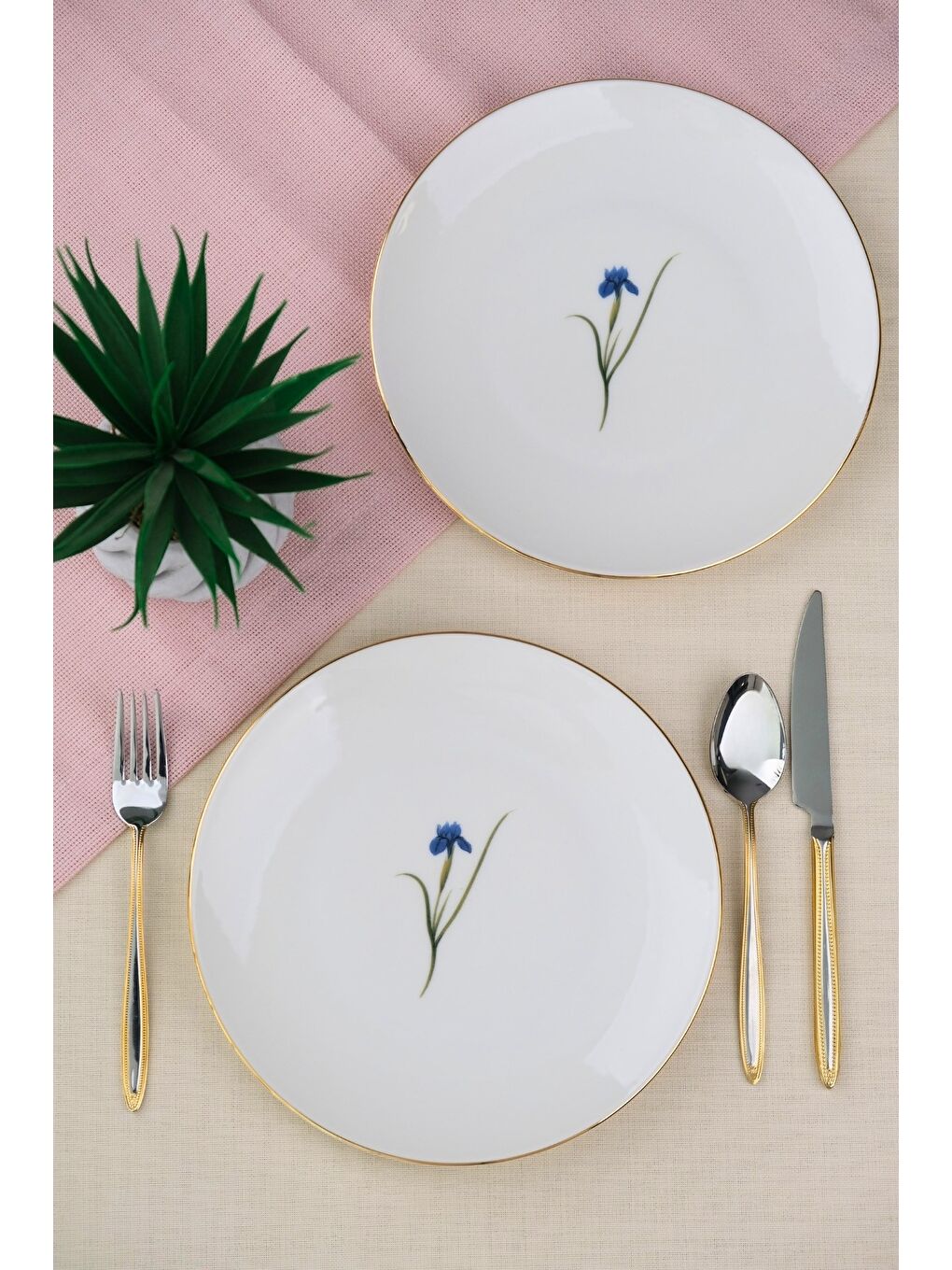 Beyaz Porselen Natura İris Altın Yaldız Pasta Tabağı 20,50cm 2 li-3