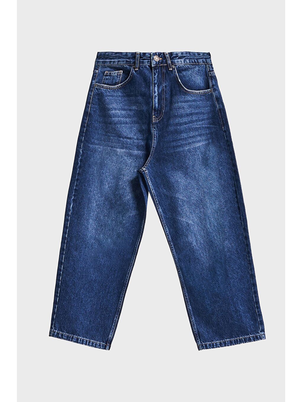 Erkek Koyu Mavi Renk 3w5-5 Loose Baggy Fit Bol Kesim Cep Nakış Detaylı Denim Jean-2
