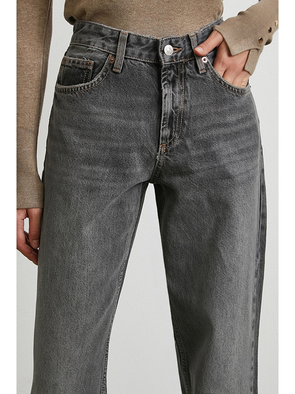 Beş Cepli Yüksek Bel Jean Gri-2