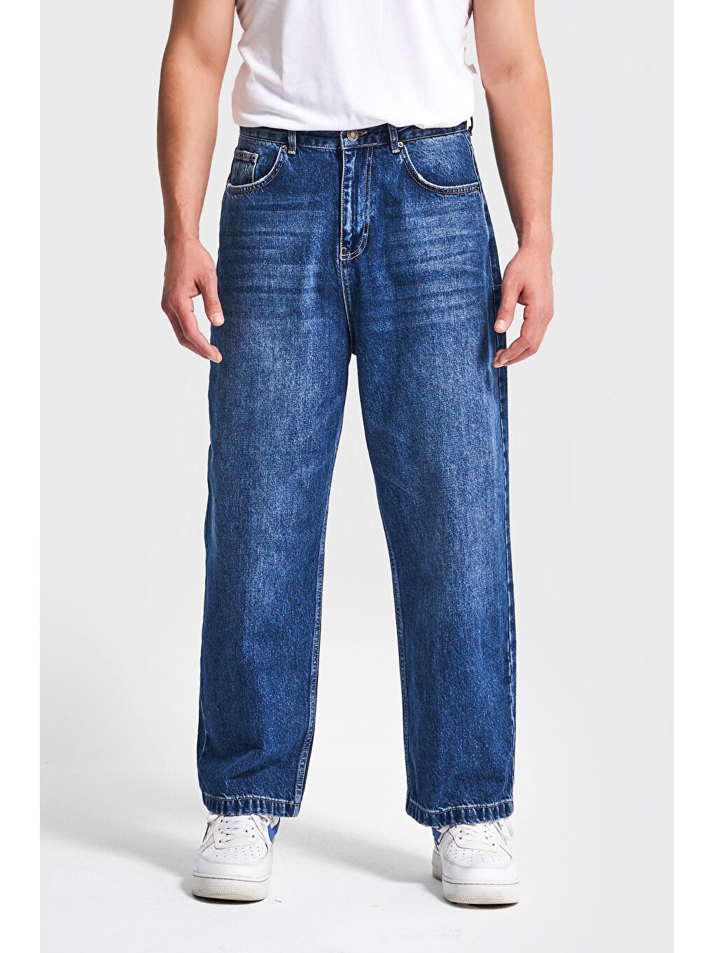 Erkek Koyu Mavi Renk 3w5-5 Loose Baggy Fit Bol Kesim Cep Nakış Detaylı Denim Jean-3