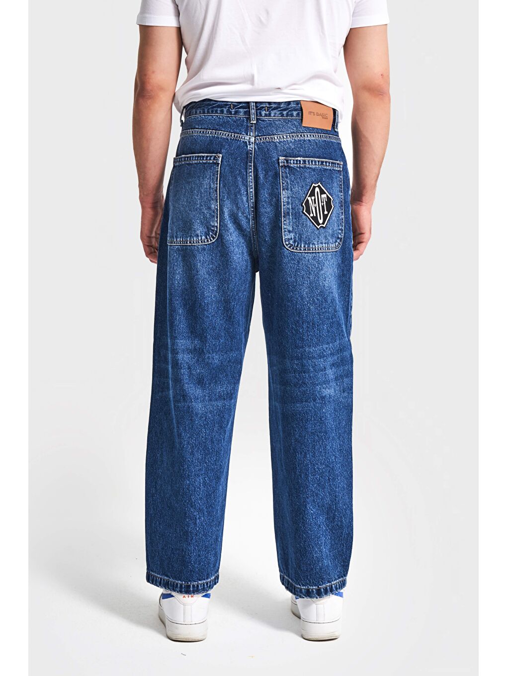 Erkek Koyu Mavi Renk 3w5-5 Loose Baggy Fit Bol Kesim Cep Nakış Detaylı Denim Jean-4