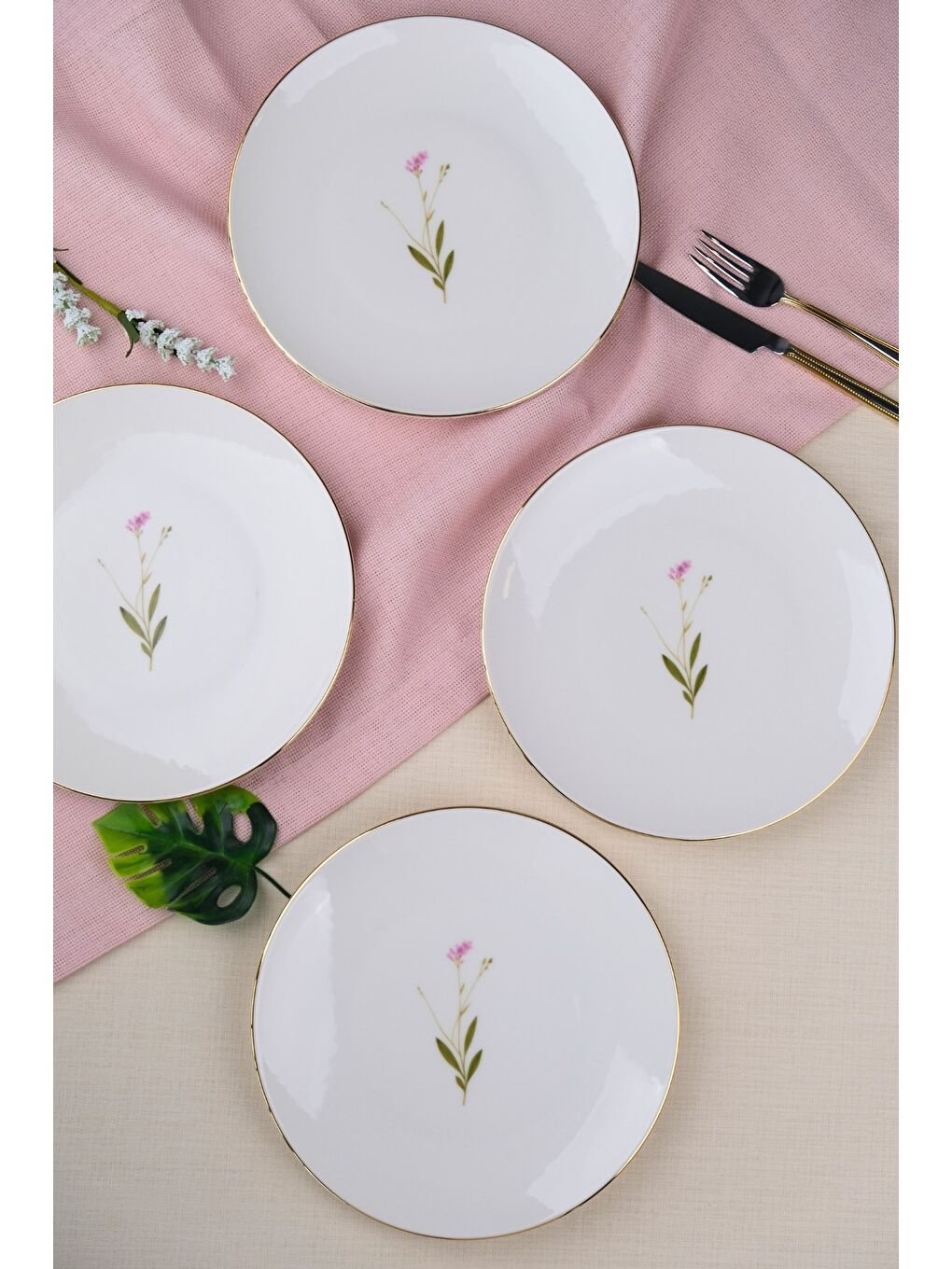 Beyaz Porselen Natura Çuha Altın Yaldız Pasta Tabağı 20,50cm 4 lü