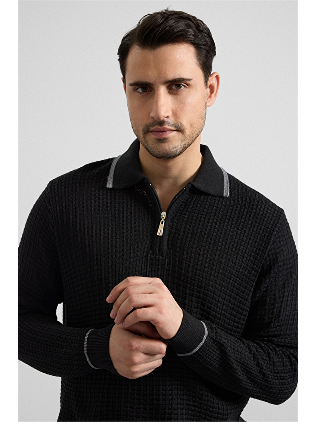 Siyah Regular Fermuarlı Polo Yaka Kazak-2