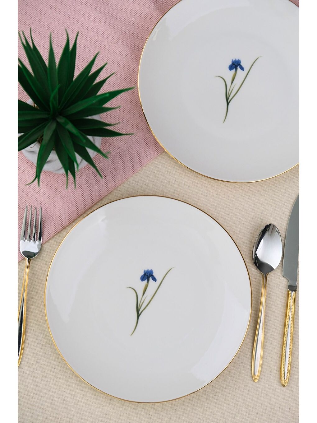 Beyaz Porselen Natura İris Altın Yaldız Pasta Tabağı 20,50cm 2 li-4