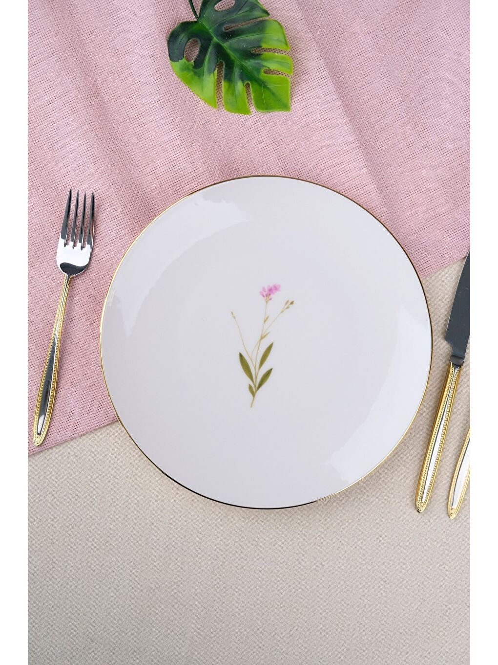 Beyaz Porselen Natura Çuha Altın Yaldız Pasta Tabağı 20,50cm Tekli-2