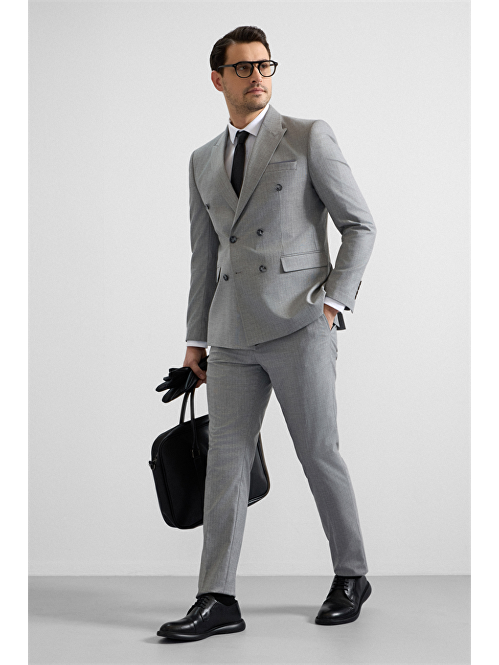 Gri Slim Kruvaze Yaka 6 Drop Takım Elbise