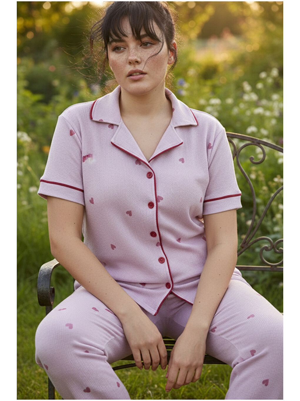 Lila Desenli Bürümcük-krınkıl Büyük Beden Battal Düğmeli Biyeli Pijama Takım 26120825
