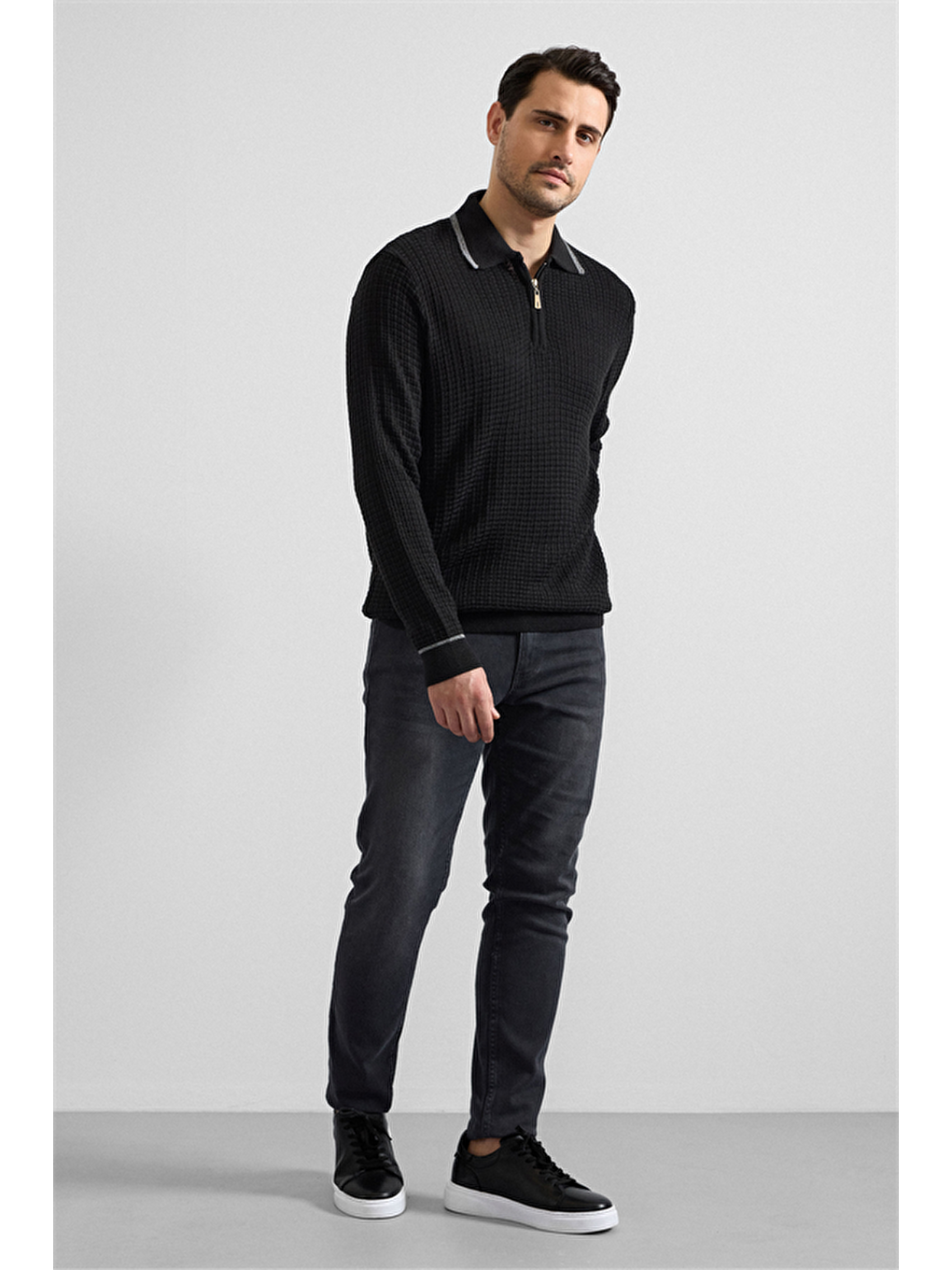 Siyah Regular Fermuarlı Polo Yaka Kazak-3