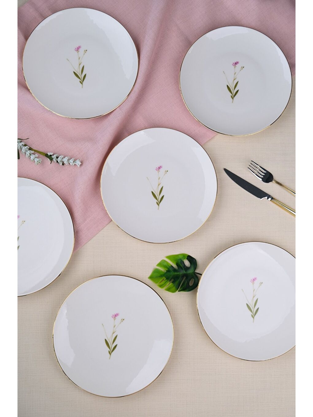 Beyaz Porselen Natura Çuha Altın Yaldız Pasta Tabağı 20,50cm 6 lı