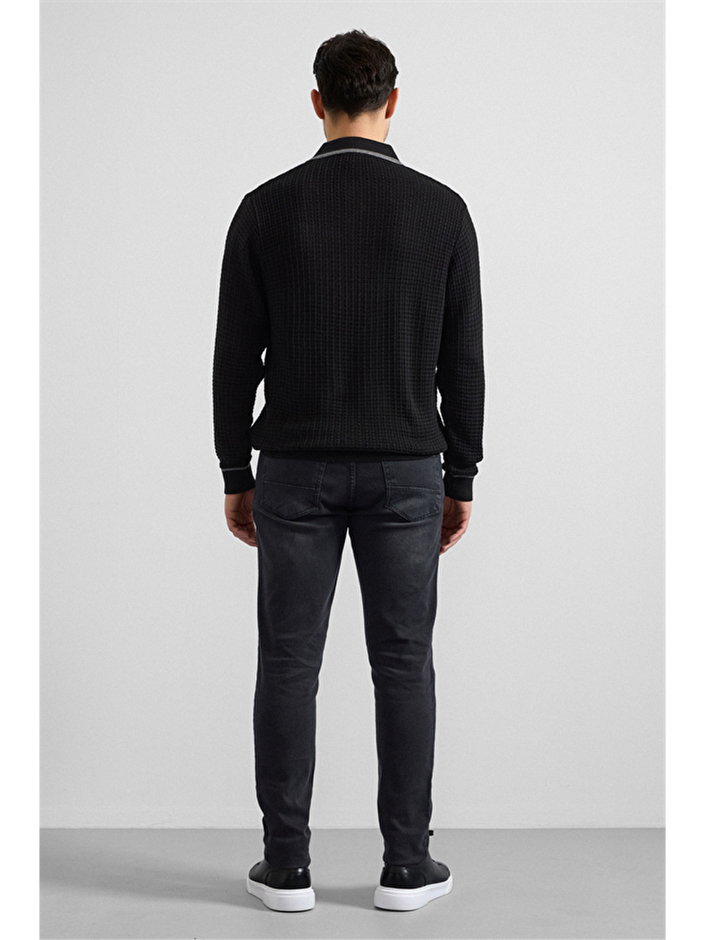 Siyah Regular Fermuarlı Polo Yaka Kazak-4