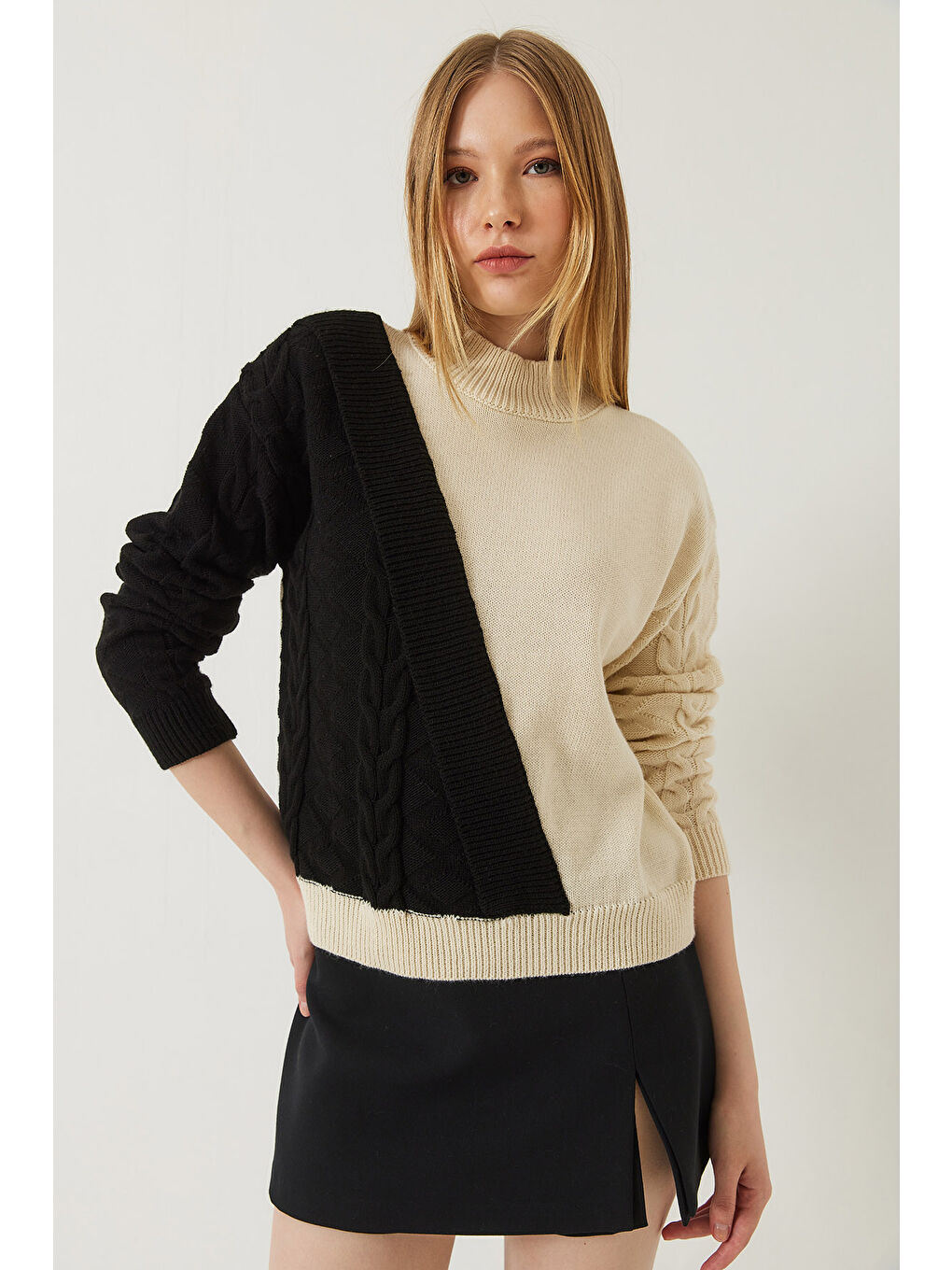 Lila Kadın Parçalı Triko Kazak-1