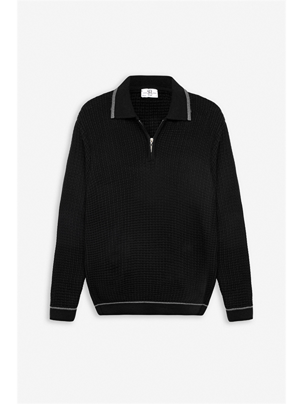 Siyah Regular Fermuarlı Polo Yaka Kazak-5