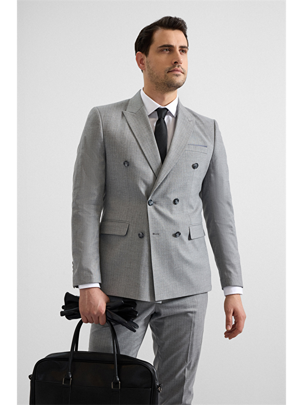 Gri Slim Kruvaze Yaka 6 Drop Takım Elbise-1