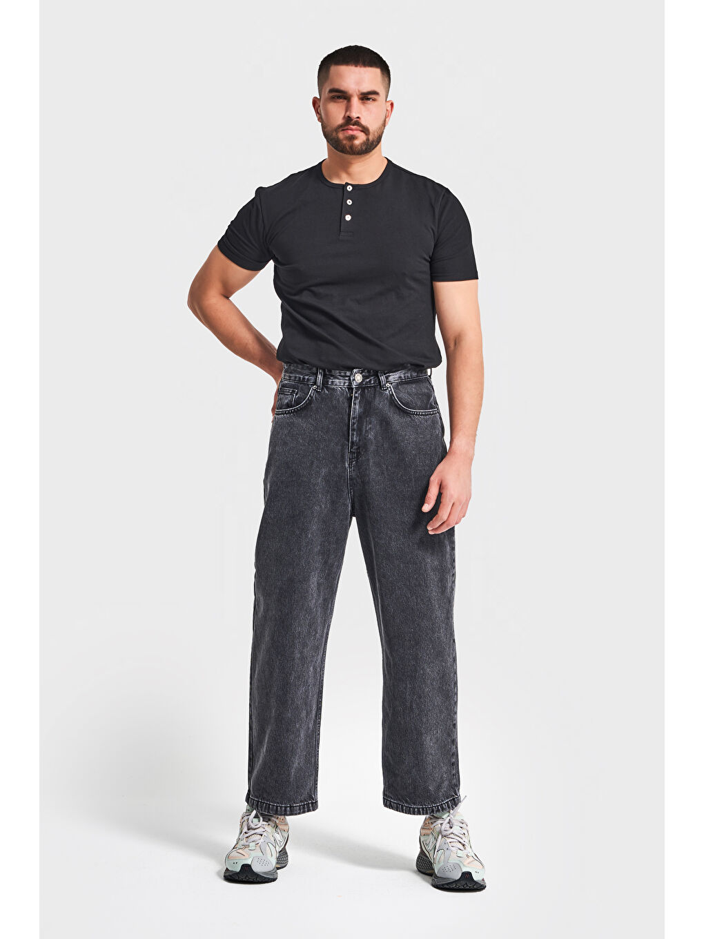 Gri Erkek Füme Renk 3w5-14 Loose Baggy Fit Bol Kesim Cep Nakış Detaylı Denim Jean-1
