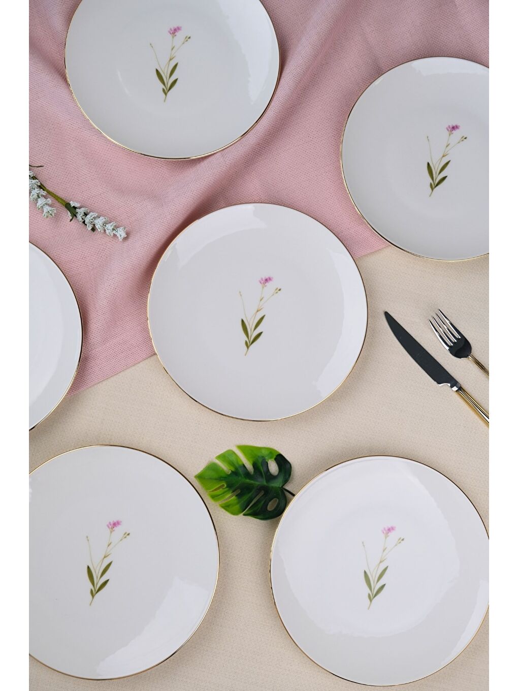 Beyaz Porselen Natura Çuha Altın Yaldız Pasta Tabağı 20,50cm 6 lı-2