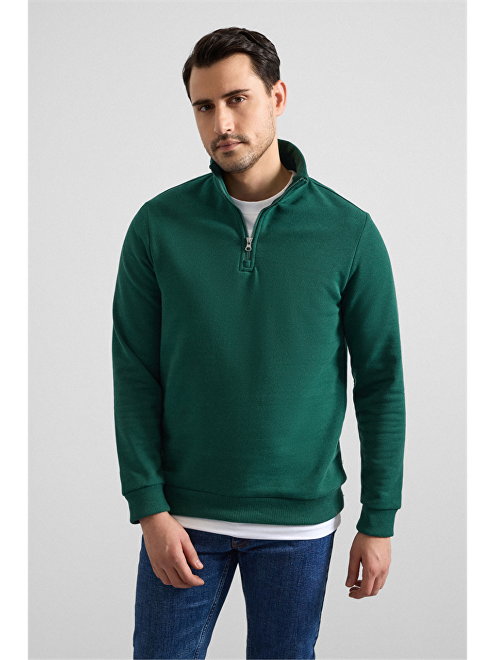 Koyu Yeşil Regular Düz Yarım Balıkçı Yaka Sweatshirt