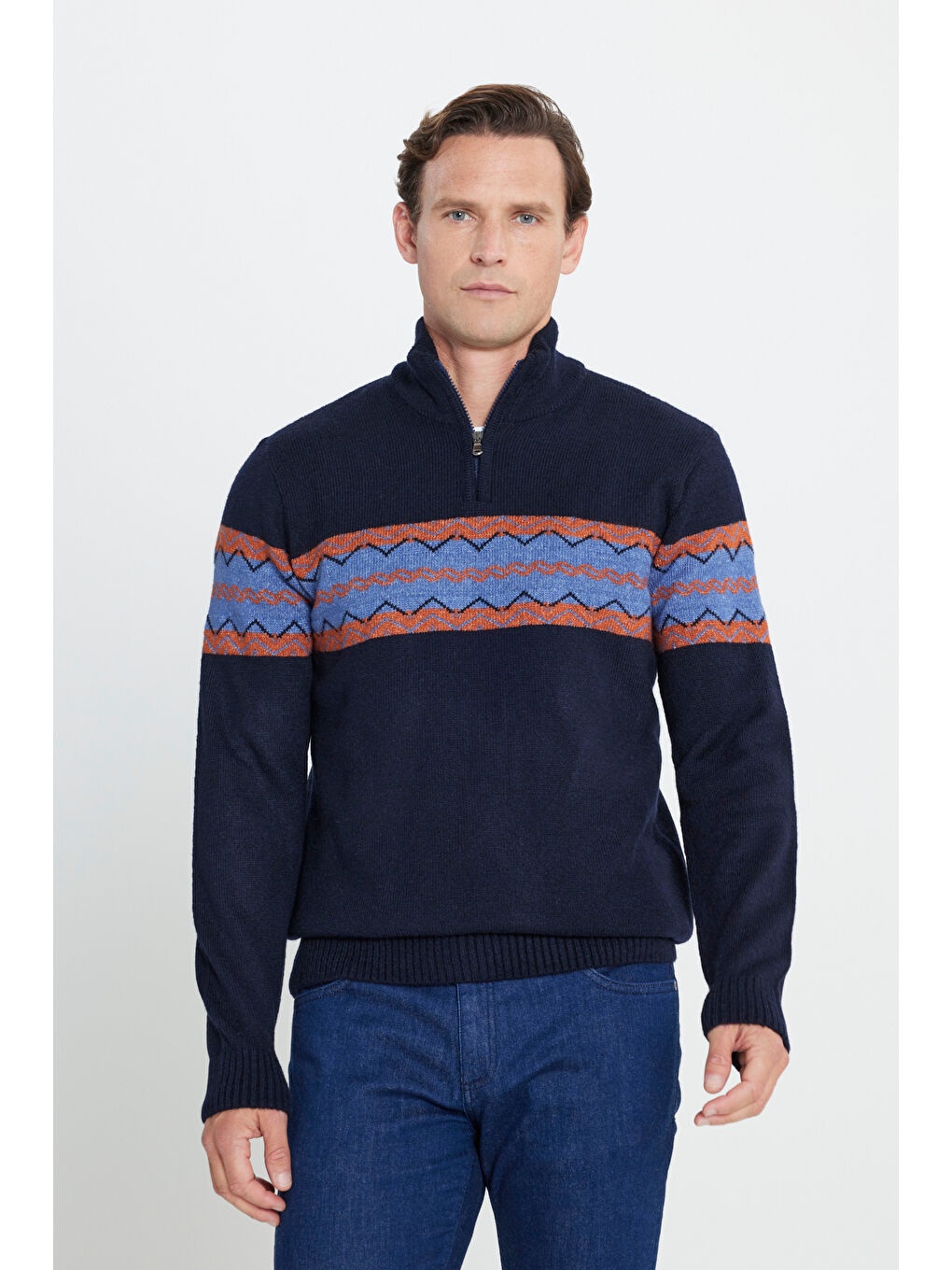 Erkek Lacivert-Turuncu Standart Fit Bato Yaka Fermuarlı Etnik Desenli Triko Kazak