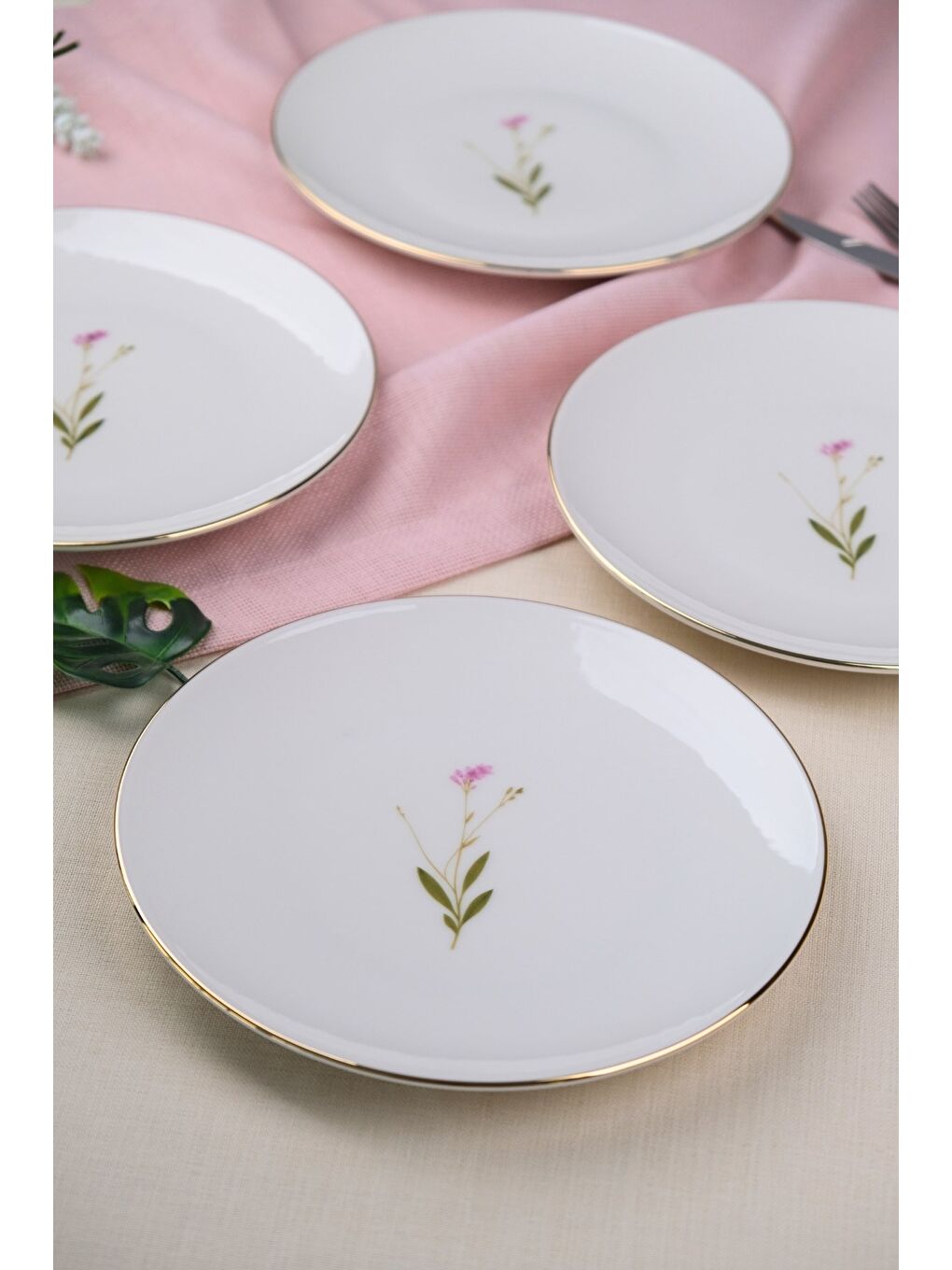 Beyaz Porselen Natura Çuha Altın Yaldız Pasta Tabağı 20,50cm 4 lü-3