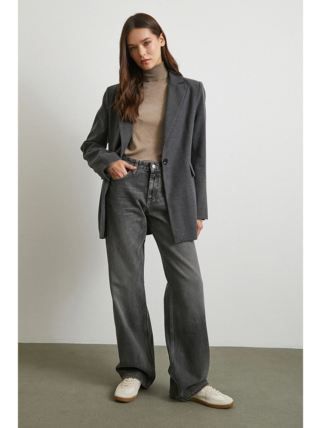 Beş Cepli Yüksek Bel Jean Gri-3