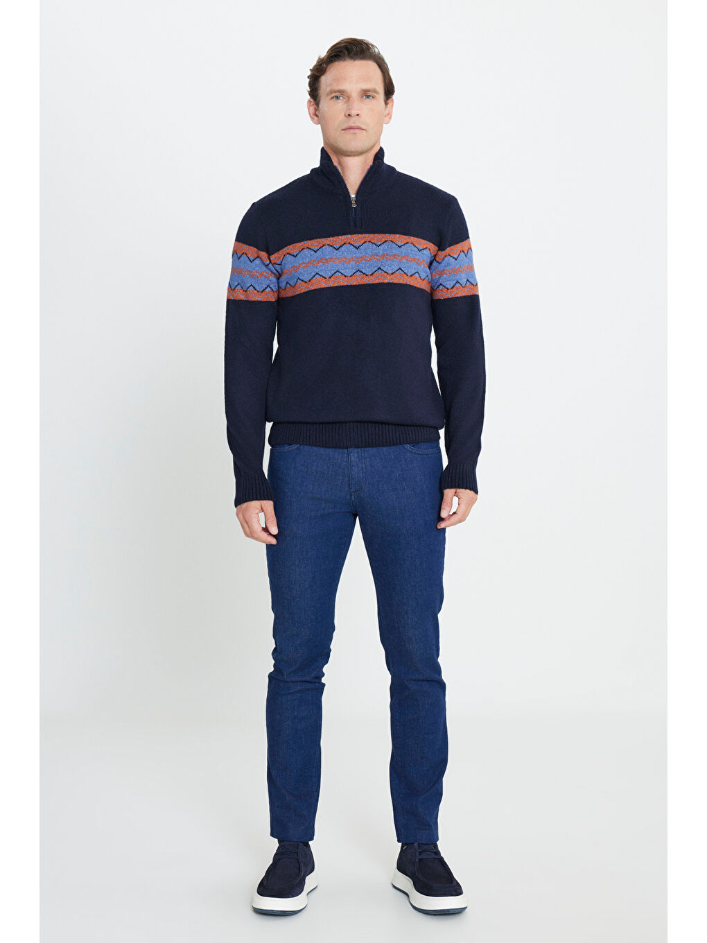 Erkek Lacivert-Turuncu Standart Fit Bato Yaka Fermuarlı Etnik Desenli Triko Kazak-1