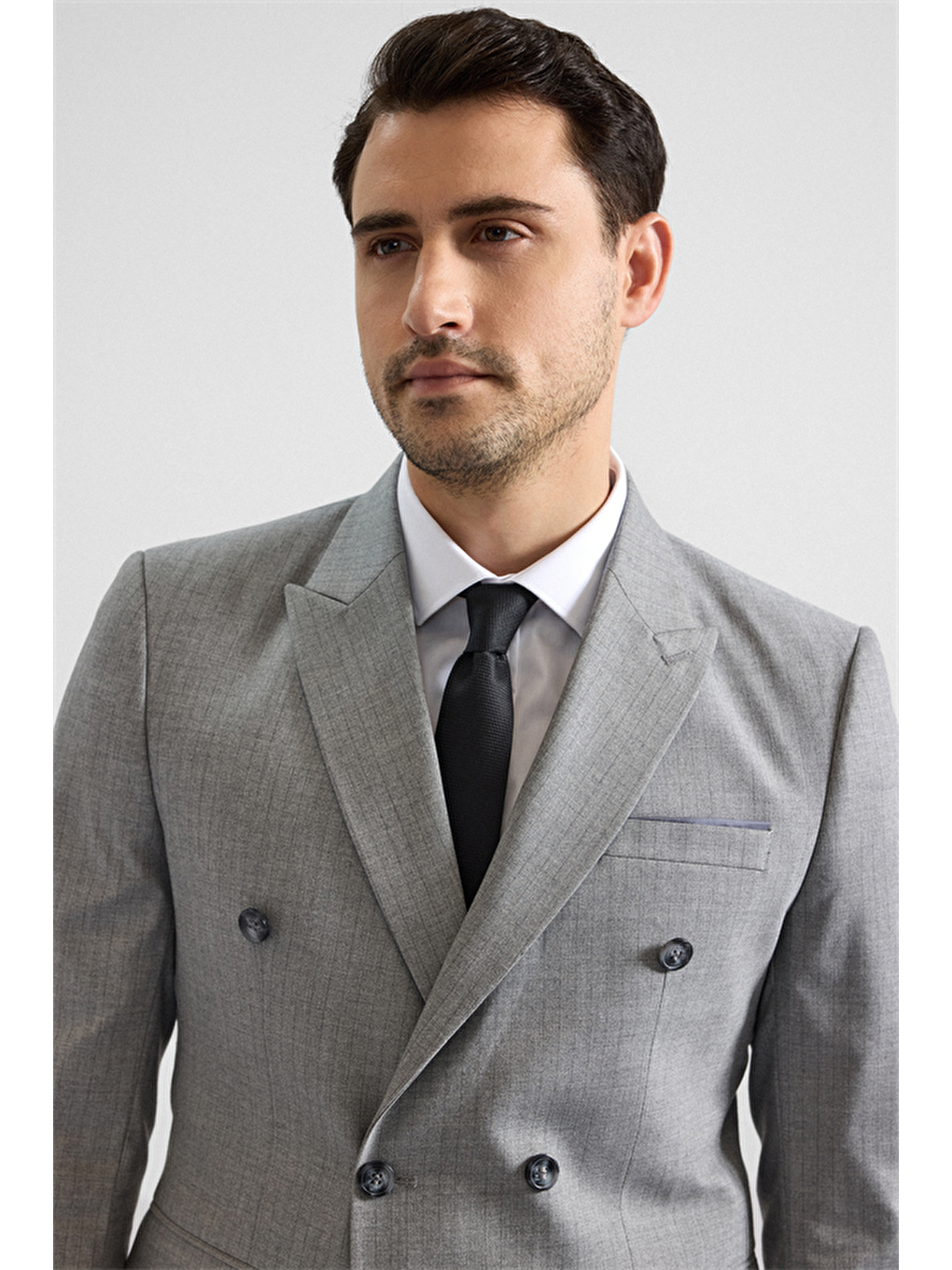 Gri Slim Kruvaze Yaka 6 Drop Takım Elbise-2