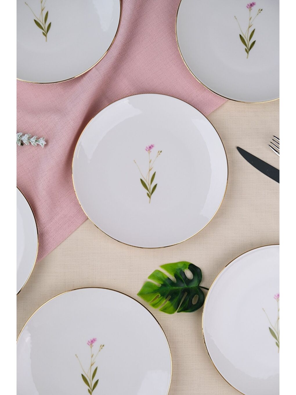 Beyaz Porselen Natura Çuha Altın Yaldız Pasta Tabağı 20,50cm 6 lı-3