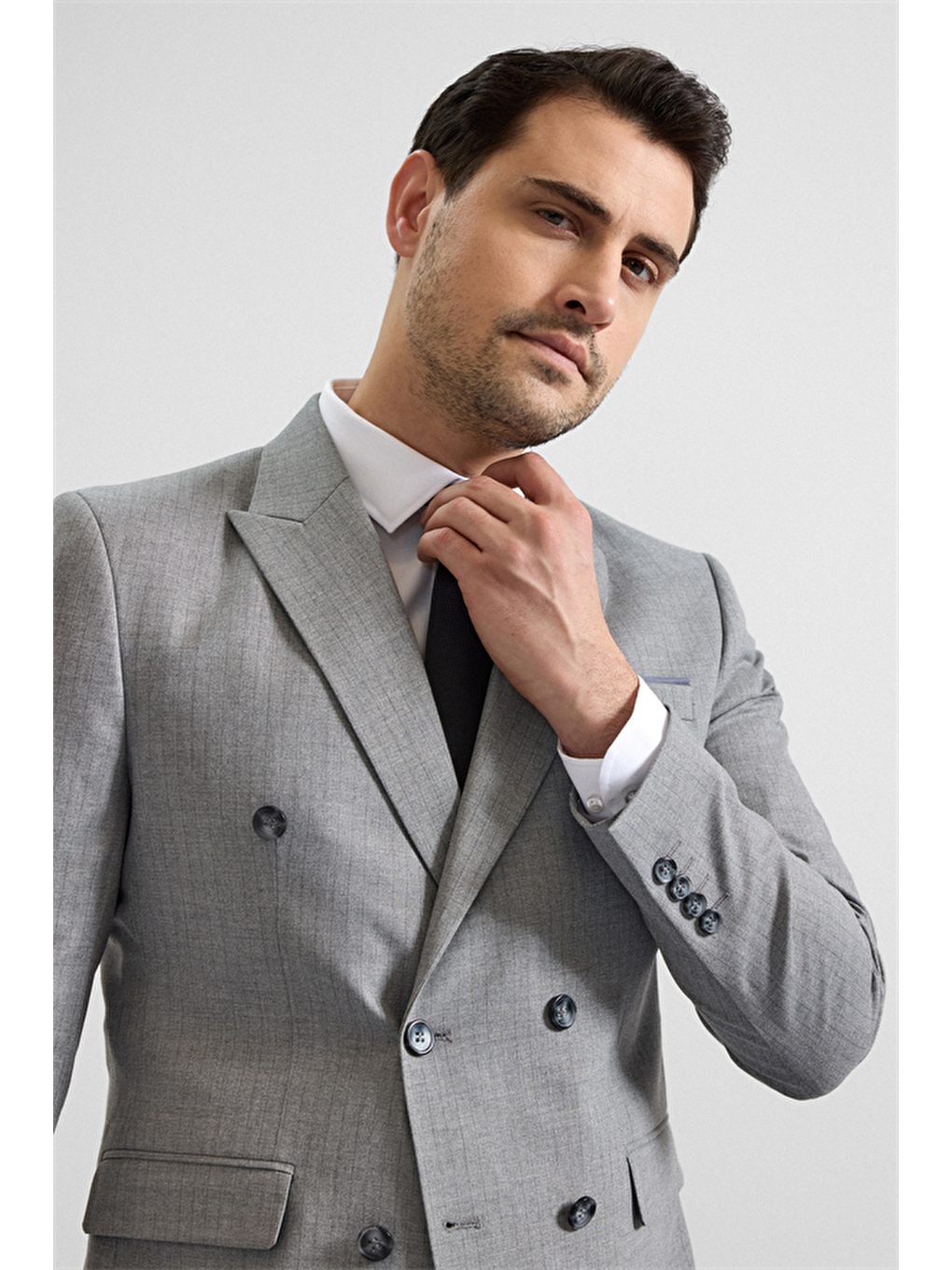 Gri Slim Kruvaze Yaka 6 Drop Takım Elbise-3