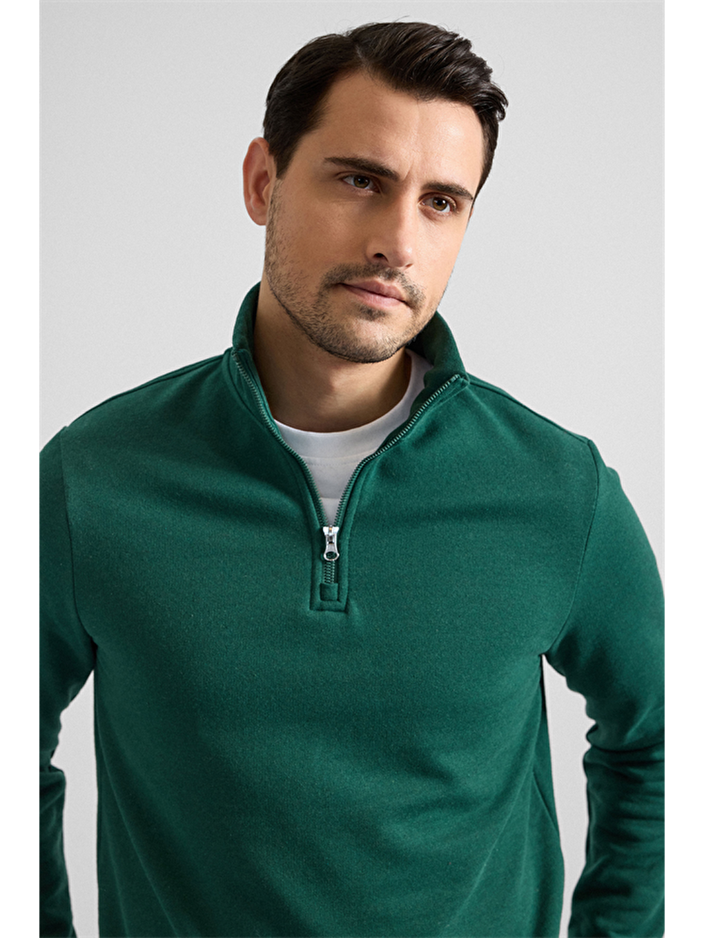 Koyu Yeşil Regular Düz Yarım Balıkçı Yaka Sweatshirt-1