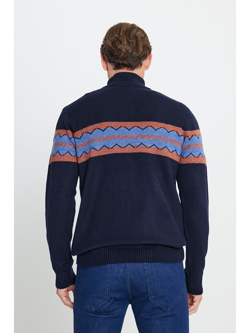 Erkek Lacivert-Turuncu Standart Fit Bato Yaka Fermuarlı Etnik Desenli Triko Kazak-4