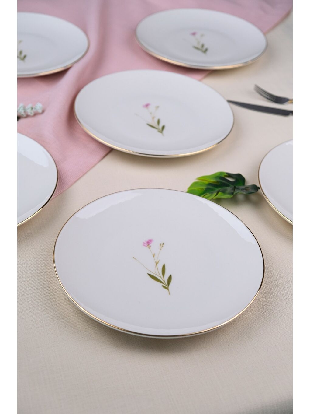 Beyaz Porselen Natura Çuha Altın Yaldız Pasta Tabağı 20,50cm 6 lı-4