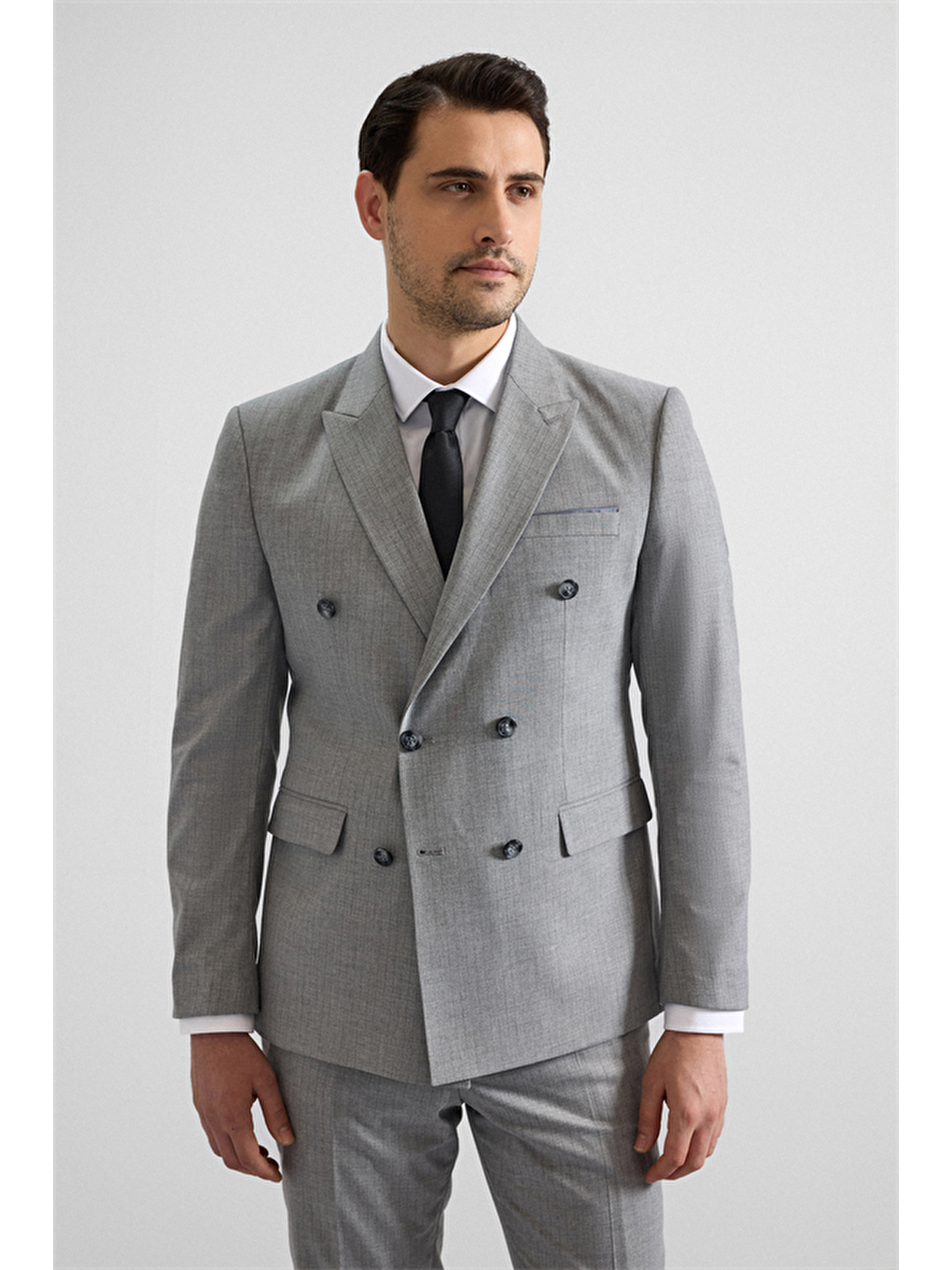 Gri Slim Kruvaze Yaka 6 Drop Takım Elbise-4