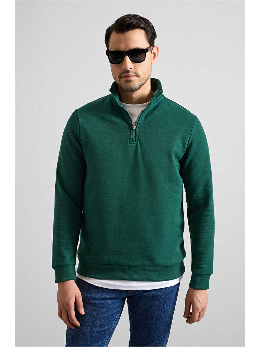 Koyu Yeşil Regular Düz Yarım Balıkçı Yaka Sweatshirt-2