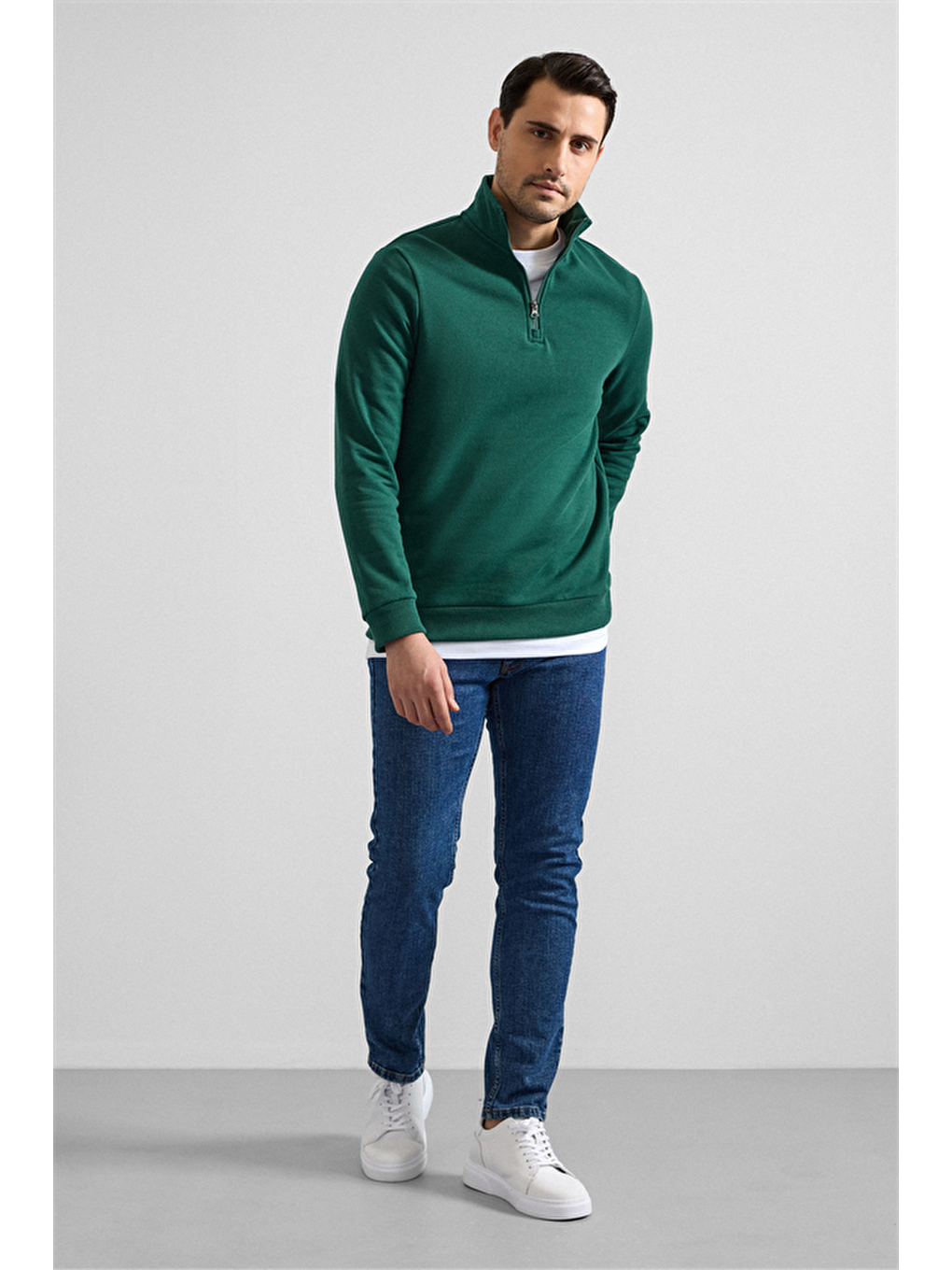 Koyu Yeşil Regular Düz Yarım Balıkçı Yaka Sweatshirt-4