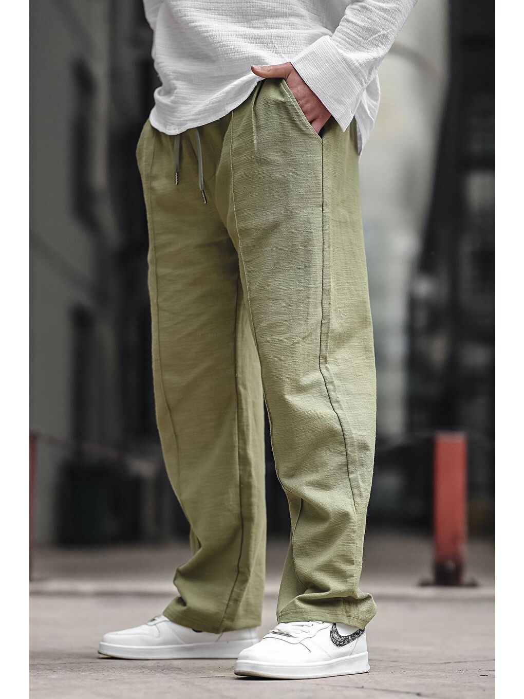 Haki Erkek Rahat Kesim Keten %100 Pamuk Pantolon 6539-1