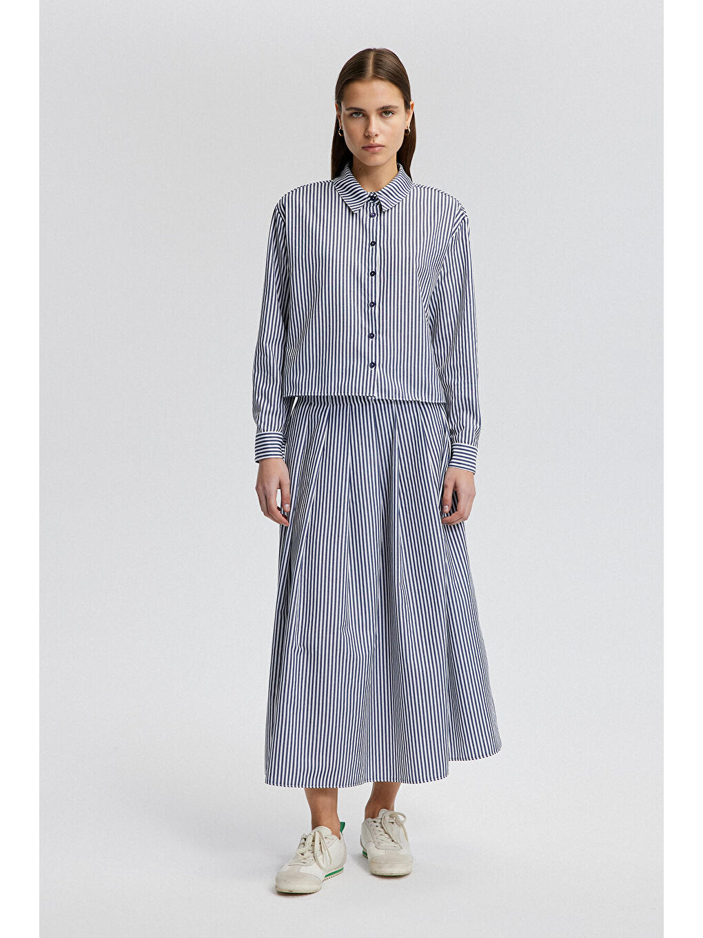 Lacivert Pileli Etek Gömlek Takım