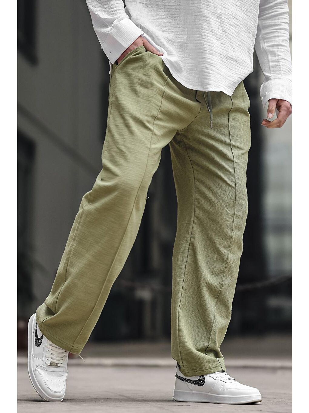 Haki Erkek Rahat Kesim Keten %100 Pamuk Pantolon 6539-2